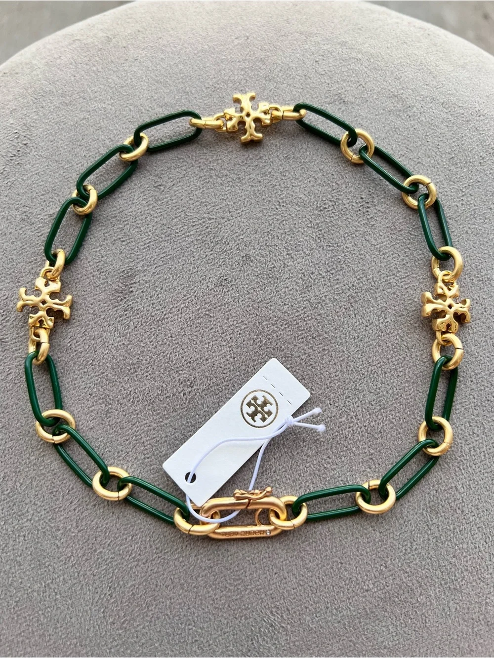 Tory Burch Roxanne Green And Gold Logo Choker Necklace